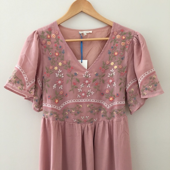 NWT Light Pink Fall Formal Floral Flowy Midi Dress - Picture 4 of 7